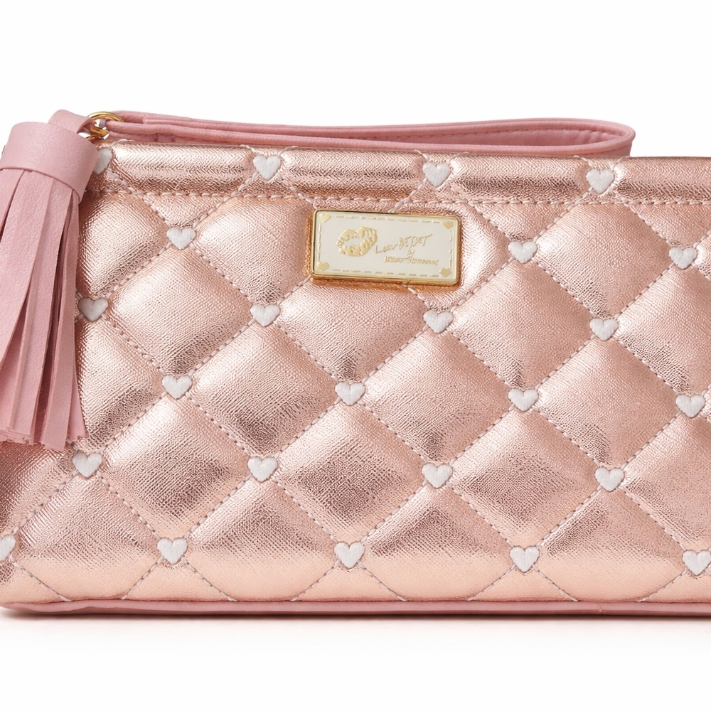 Betsey Johnson Luv Betsey Rose Gold Quilted Heart Cosmetic Bag Tassel - Picture 5 of 8
